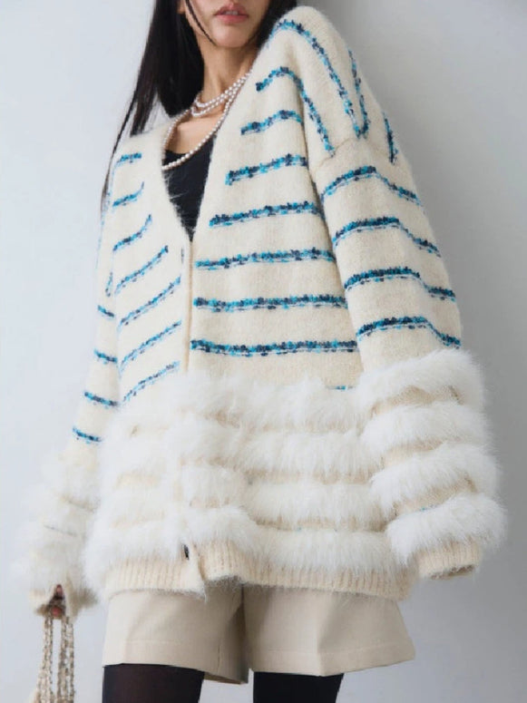 ファー付き ニットカーディガン レディース ボーダー柄 長袖 Vネック ゆったり シンプル 大人可愛い エレガント 上品 体型カバー 秋冬 新作 ID1986