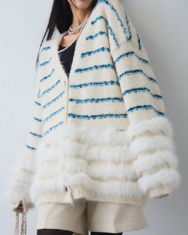 ファー付き ニットカーディガン レディース ボーダー柄 長袖 Vネック ゆったり シンプル 大人可愛い エレガント 上品 体型カバー 秋冬 新作 ID1986