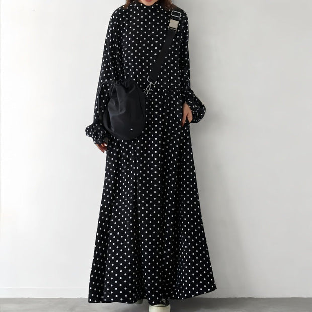 ドット柄 ワンピース レディース 長袖 ロングワンピース ハイネック ゆったり シルエット 体型カバー エレガント フェミニン 大人可愛い 秋冬 新作 ID1817