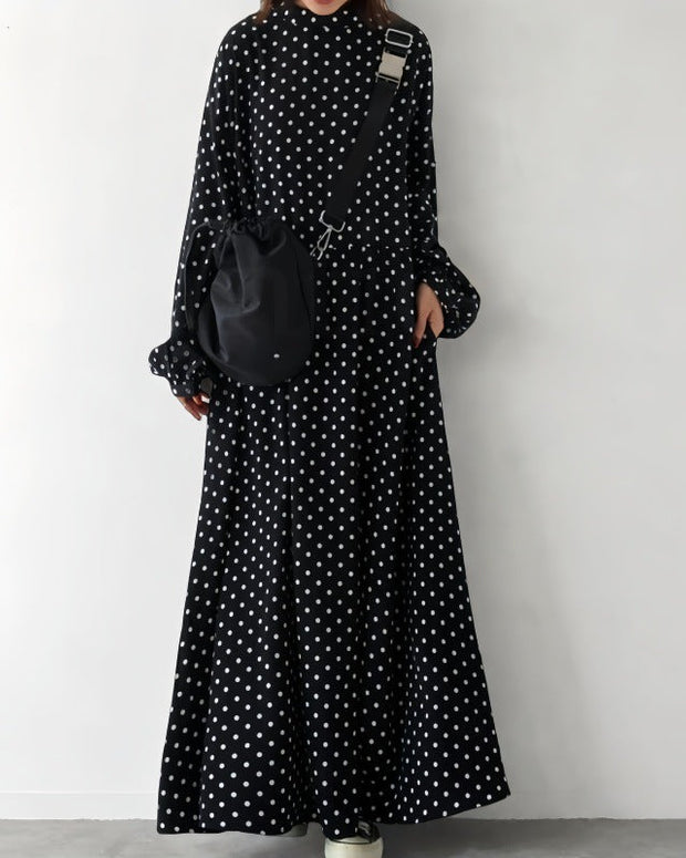 ドット柄 ワンピース レディース 長袖 ロングワンピース ハイネック ゆったり シルエット 体型カバー エレガント フェミニン 大人可愛い 秋冬 新作 ID1817