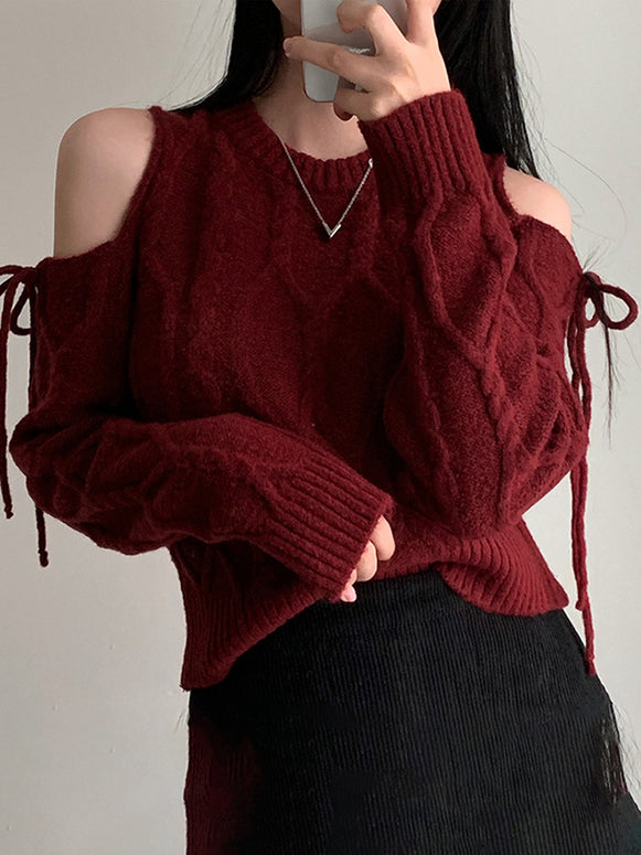 ケーブルニット トップス レディース 肩あき デザイン 可愛い きれいめ 秋冬 ニット セーター クリスマスコーデ ID2191