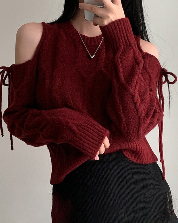 ケーブルニット トップス レディース 肩あき デザイン 可愛い きれいめ 秋冬 ニット セーター クリスマスコーデ ID2191