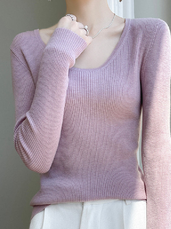 6色展開 クルーネック リブニット レディース 長袖 Uネック インナー タイトフィット シンプル 無地 着回し抜群 ベーシック ニットトップス 体型カバー レイヤード 春秋冬 ID1462