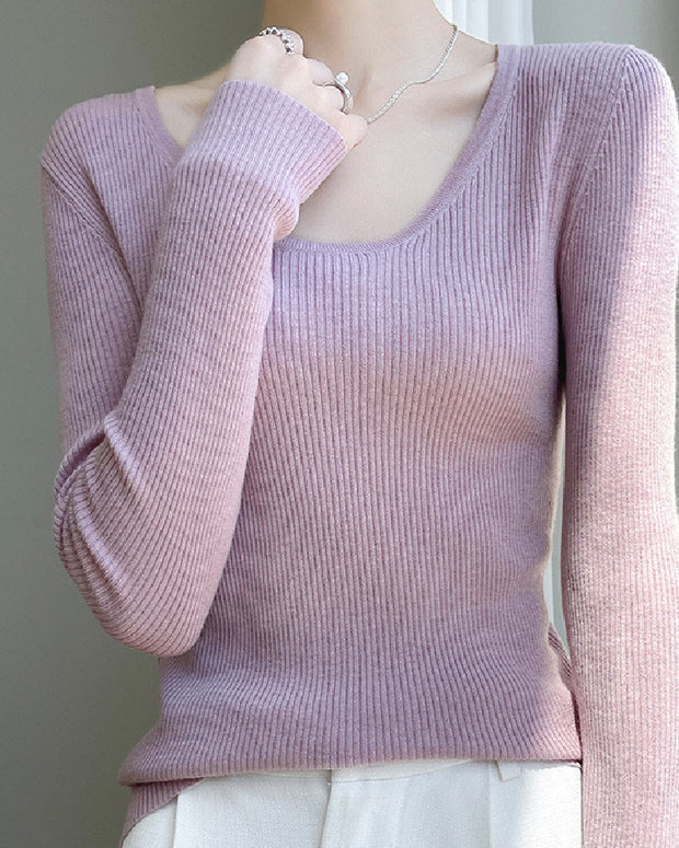 6色展開 クルーネック リブニット レディース 長袖 Uネック インナー タイトフィット シンプル 無地 着回し抜群 ベーシック ニットトップス 体型カバー レイヤード 春秋冬 ID1462