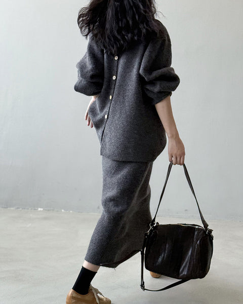 「限定価格は今だけ！」2点セット クルーネック ニット + ミモレ丈 スカート レディース セットアップ シンプル 上品 通勤 体型カバー 秋冬 新作 ID2088