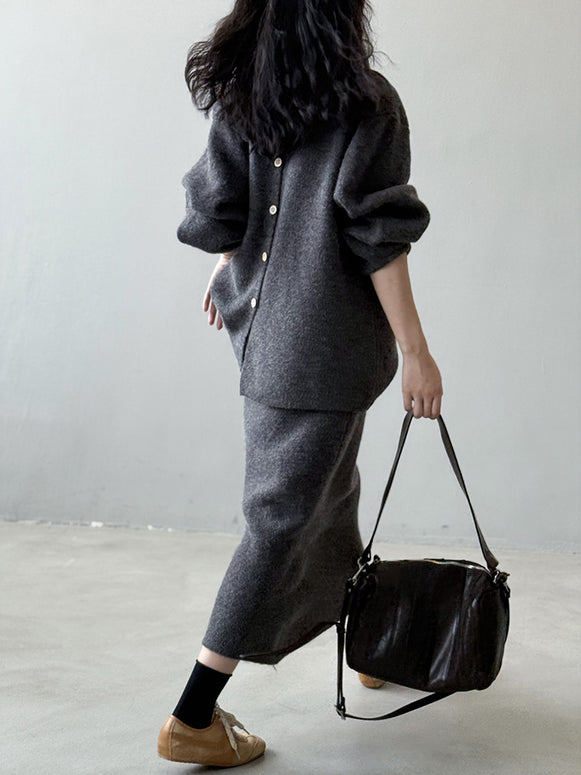 「限定価格は今だけ！」2点セット クルーネック ニット + ミモレ丈 スカート レディース セットアップ シンプル 上品 通勤 体型カバー 秋冬 新作 ID2088