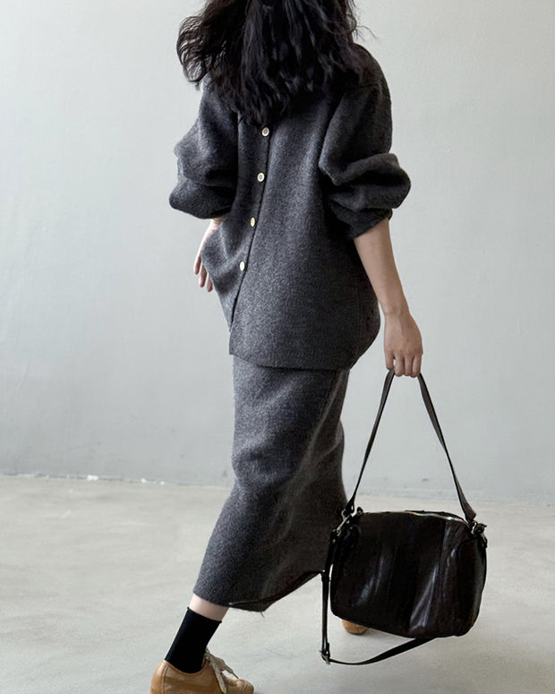 「限定価格は今だけ！」2点セット クルーネック ニット + ミモレ丈 スカート レディース セットアップ シンプル 上品 通勤 体型カバー 秋冬 新作 ID2088