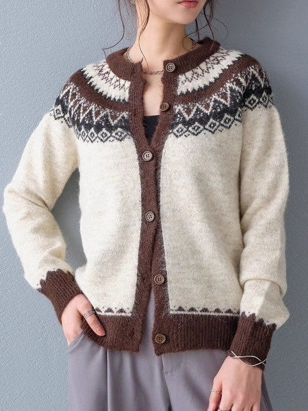 ノルディック柄 ニット カーディガン レディース 丸首 長袖 フロントボタン ゆったり 柔らかい かわいい 秋冬 新作 ID2152