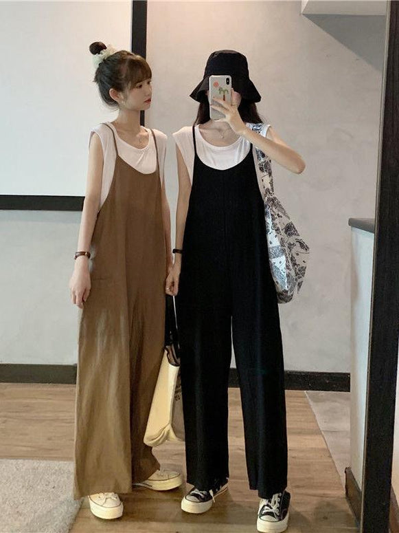 【403】2点セット ノースリーブTシャツ＋サロペットパンツ レディース 夏 ゆったり ワイドパンツ オールインワン 体型カバー カジュアル