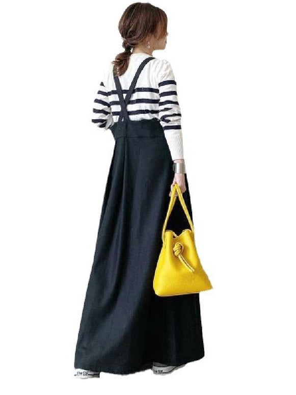 ジャンパースカート ロング丈 サロペットワンピース レディース キャミワンピース 圧着プリーツ ゆったり 体型カバー カジュアル 重ね着 春秋 黒 ブラック ID1178