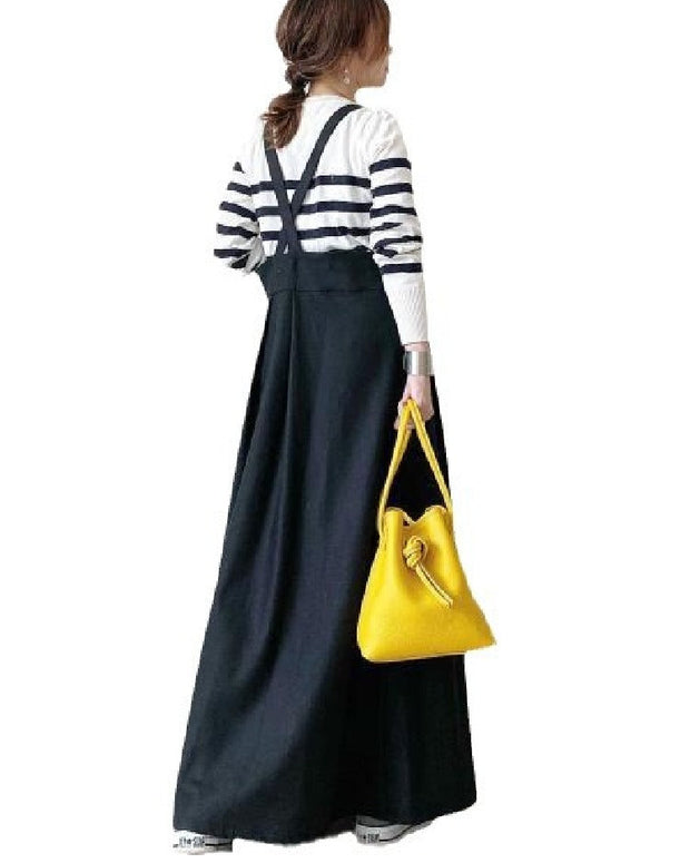 ジャンパースカート ロング丈 サロペットワンピース レディース キャミワンピース 圧着プリーツ ゆったり 体型カバー カジュアル 重ね着 春秋 黒 ブラック ID1178