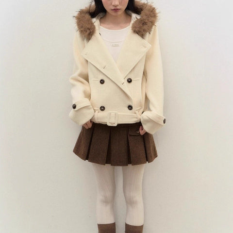 ファー襟 ショートコート レディース ダブルボタン ベルト付き フード付き ウールタッチ アウター 上品 可愛い 秋冬 新作 ID2050
