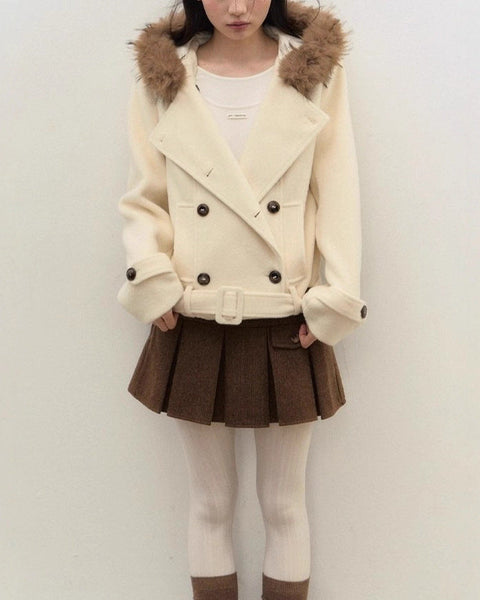 ファー襟 ショートコート レディース ダブルボタン ベルト付き フード付き ウールタッチ アウター 上品 可愛い 秋冬 新作 ID2050