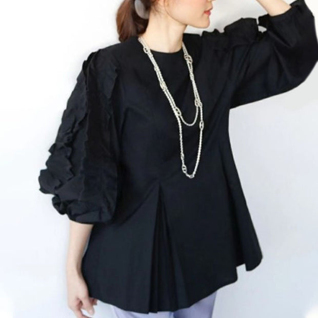 ID111 Shirt, Sweet, Loose Fit, Large Size, Round Neck, Stylish, Ruffles, Long Sleeves, Tops, Feminine, Figure Covering, Casual, Stylish 