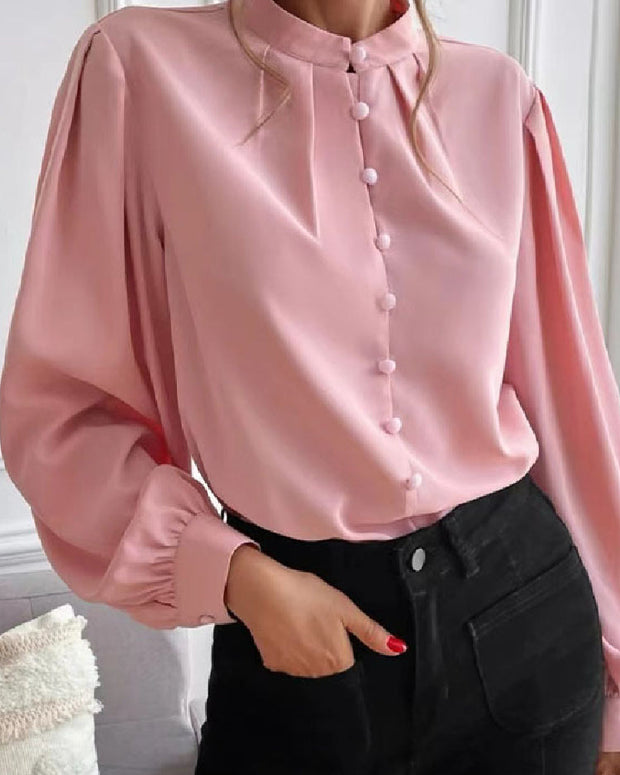 6色展開 スタンドカラー シャツ ブラウス レディース 長袖 シンプル 無地 フェミニン きれいめ オフィスカジュアル 通勤 OL 入園式 卒園式 入学式 卒業式 七五三 結婚式 食事会 体型カバー ID1464