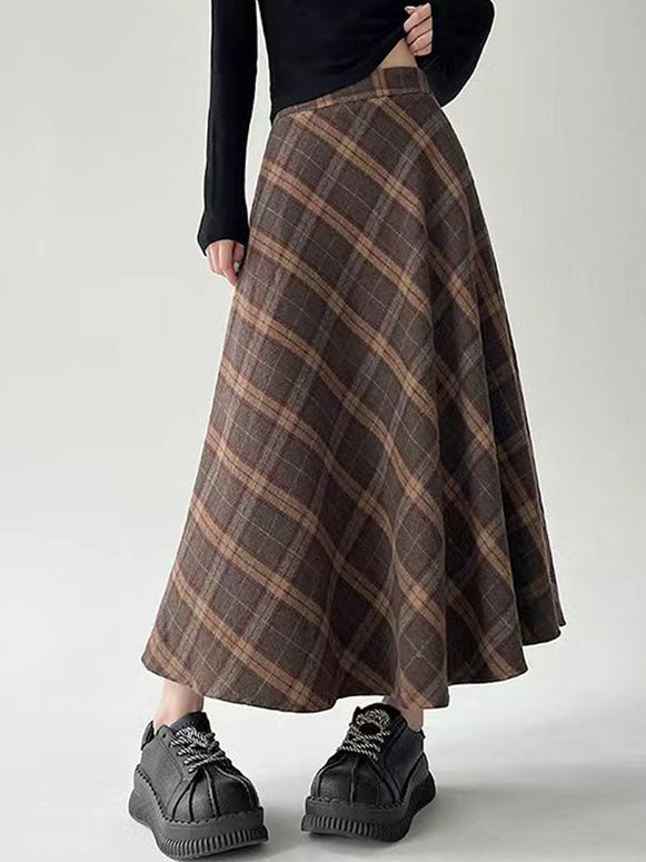 チェック柄 ロングスカート レディース 秋冬 フレアスカート ウエストゴム Aライン マキシ丈 体型カバー 大人カジュアル ナチュラル 通勤 通学 デイリー コーデ ID1715