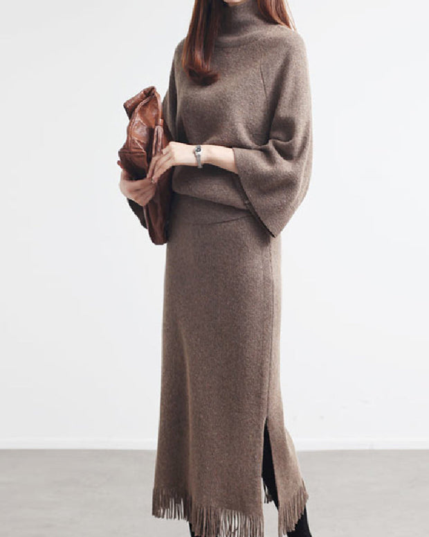 2点セット ニットセットアップ レディース ハイネック トップス+ フリンジスカート エレガント きれいめ 通勤 通学 上品 ゆったり 体型カバー 秋冬新作 ID1835