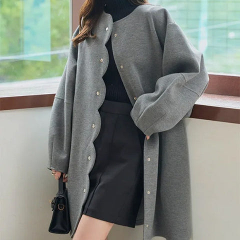 スカラップ デザイン ウールコート レディース ロング丈 ゆったり シンプル 上品 かわいい 大人女子 通勤 秋冬 新作 ID2154