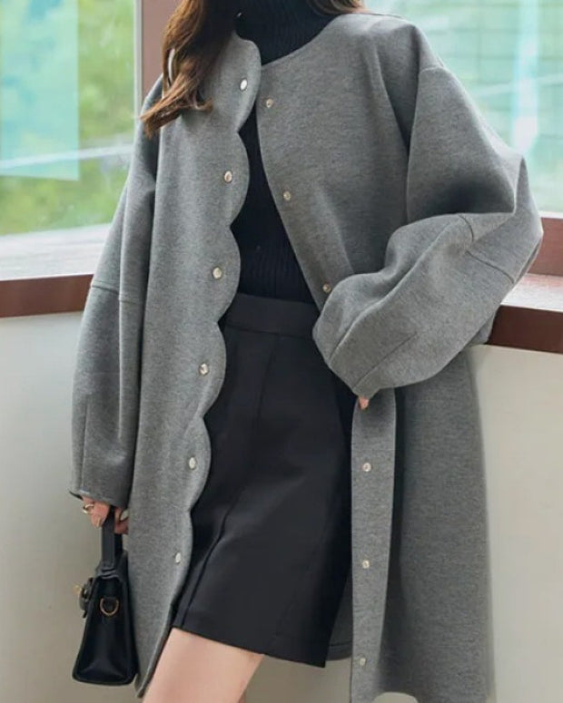 スカラップ デザイン ウールコート レディース ロング丈 ゆったり シンプル 上品 かわいい 大人女子 通勤 秋冬 新作 ID2154