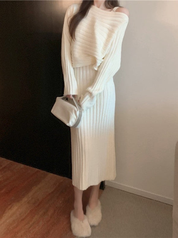 6色展開 2点セット ニット キャミワンピース + プルオーバー セーター レディース 上下セット 長袖 Vネック 体型カバー おしゃれ フェミニン カジュアル 秋冬 韓国風 人気 ID1761