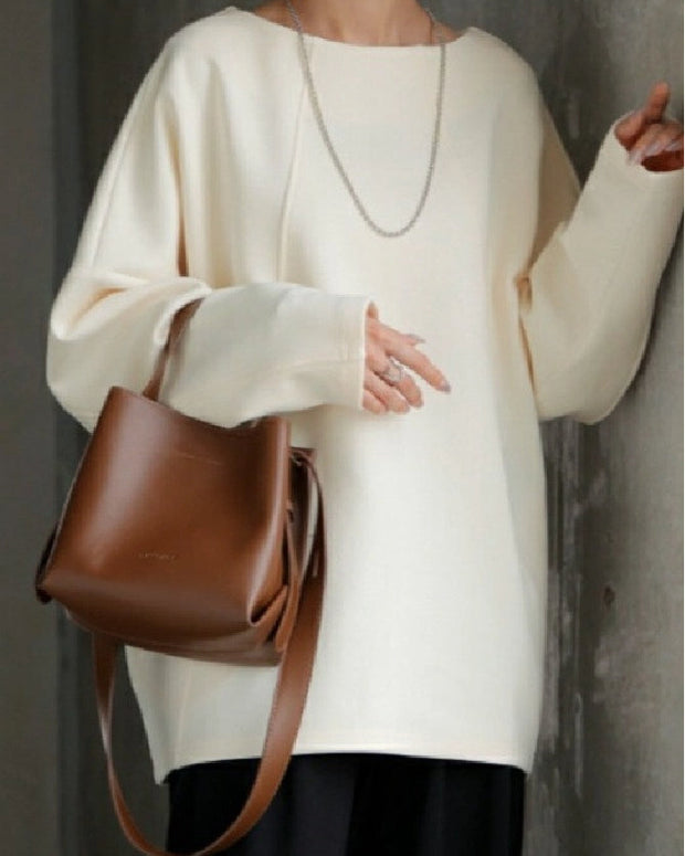 2色展開 ダンボール スウェット レディース トップス ゆったり シンプル 無地 ラウンドネック 体型カバー カジュアル 通勤 通学 秋冬コーデ 定番 人気 ID1845