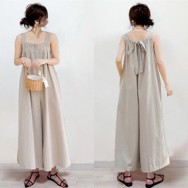 【740】サロペット ワイドパンツ レディース ルーズフィット カジュアル 後ろリボン バックタイ フリーサイズ ゆったり シンプル 夏用 体型カバー 春夏新作