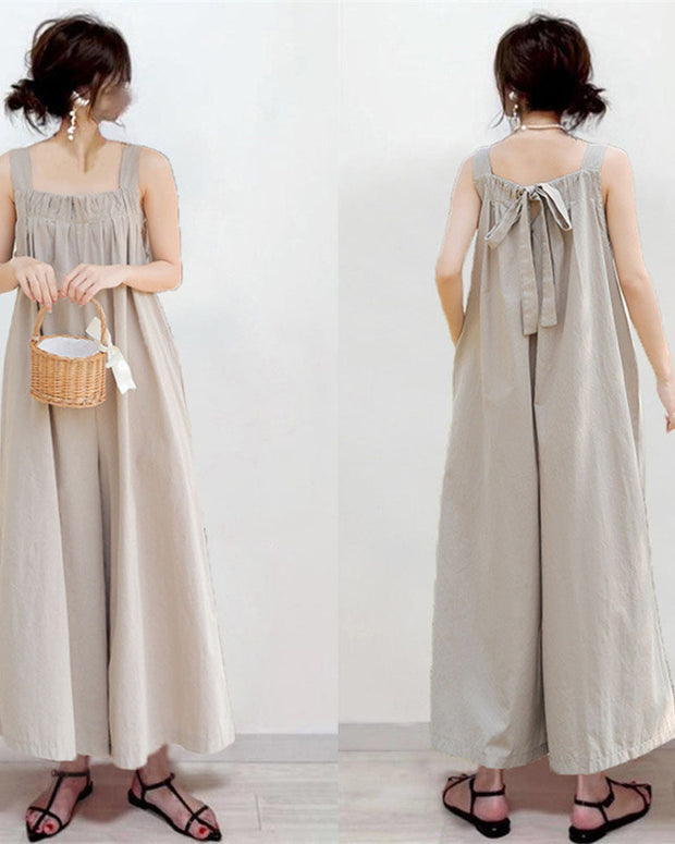 【740】サロペット ワイドパンツ レディース ルーズフィット カジュアル 後ろリボン バックタイ フリーサイズ ゆったり シンプル 夏用 体型カバー 春夏新作