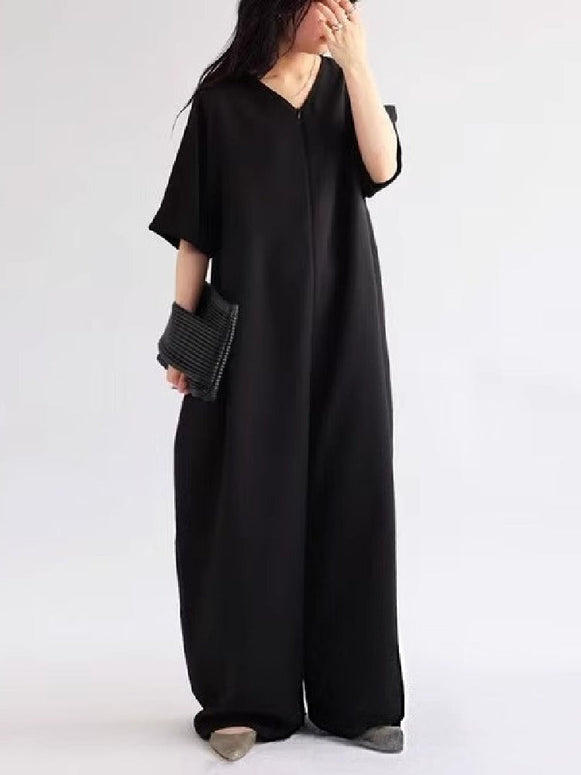 合わせやすい オールインワン サロペットパンツ Vネック ゆったり ワイドレッグ 涼感素材 インスタ映え カジュアル 春 夏 秋 ID1169