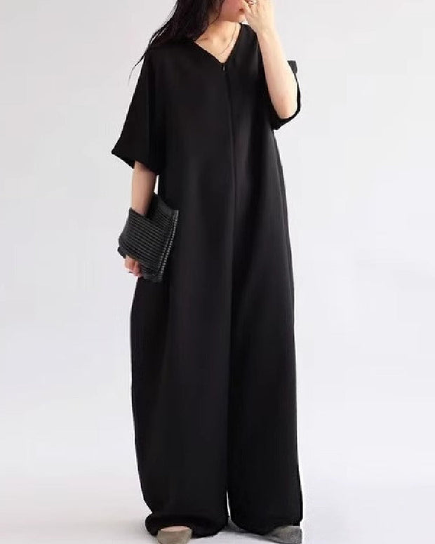 合わせやすい オールインワン サロペットパンツ Vネック ゆったり ワイドレッグ 涼感素材 インスタ映え カジュアル 春 夏 秋 ID1169