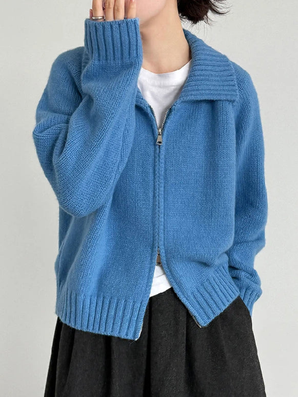 ダブルジッパー ニット カーディガン レディース ゆったり 柔らかい シンプル 体型カバー おしゃれ カジュアル 通勤 秋冬コーデ に最適 ベーシックアウター 上品 デイリーに使える ジップアップニット ID2316