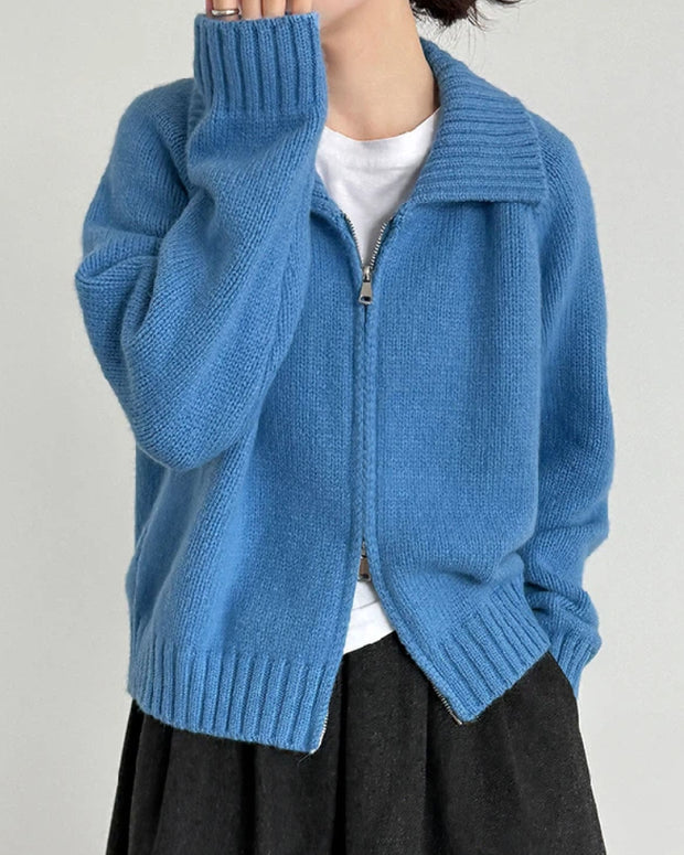 ダブルジッパー ニット カーディガン レディース ゆったり 柔らかい シンプル 体型カバー おしゃれ カジュアル 通勤 秋冬コーデ に最適 ベーシックアウター 上品 デイリーに使える ジップアップニット ID2316