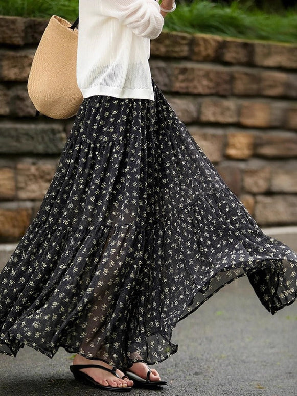 花柄 フレアスカート ロング 総花柄 涼しい シフォンスカート ふわふわ ロングスカート レディース 総柄 マキシ丈 低身長 ふんわり ウエストゴム ID1174