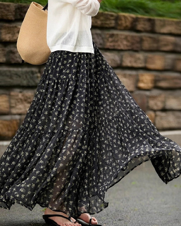 花柄 フレアスカート ロング 総花柄 涼しい シフォンスカート ふわふわ ロングスカート レディース 総柄 マキシ丈 低身長 ふんわり ウエストゴム ID1174