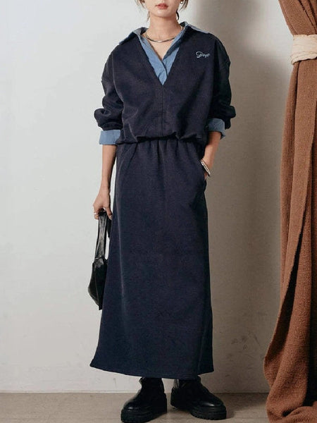 スカート 2点セット ネットレッド  レディース フェイクツー トップス ロングセットアップ おしゃれ トレンド カジュアル デイリー  シルエット 大人 女性 上品 ID2005