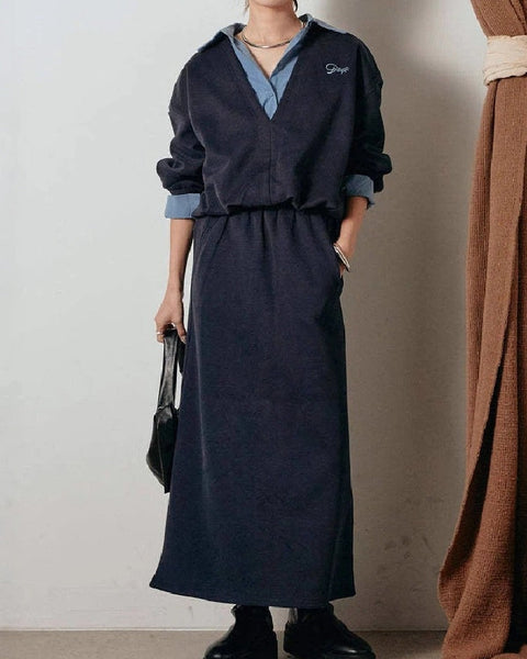 スカート 2点セット ネットレッド  レディース フェイクツー トップス ロングセットアップ おしゃれ トレンド カジュアル デイリー  シルエット 大人 女性 上品 ID2005