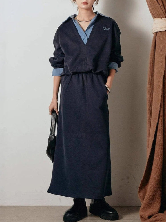 スカート 2点セット ネットレッド  レディース フェイクツー トップス ロングセットアップ おしゃれ トレンド カジュアル デイリー  シルエット 大人 女性 上品 ID2005