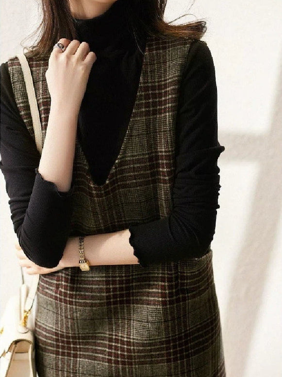 Vネック ジャンパースカート レディース チェック柄 ウール調 ノースリーブ ワンピース 膝丈 きれいめ 上品 通勤 通学 重ね着 秋冬 新作 ID1907