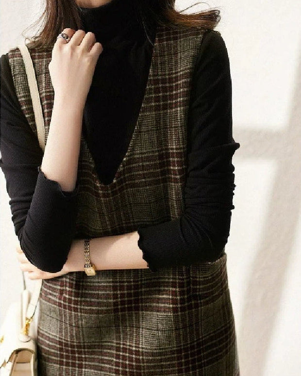 Vネック ジャンパースカート レディース チェック柄 ウール調 ノースリーブ ワンピース 膝丈 きれいめ 上品 通勤 通学 重ね着 秋冬 新作 ID1907