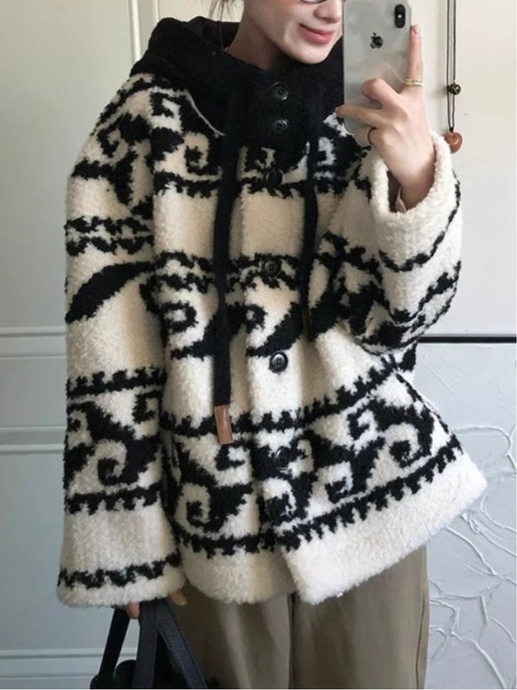 モード感 フード付き ジャカード柄 ボアジャケット レディース 暖かい アウター ポリエステル ID2260