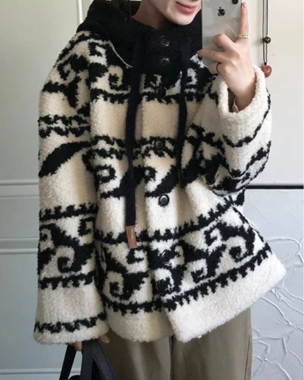 モード感 フード付き ジャカード柄 ボアジャケット レディース 暖かい アウター ポリエステル ID2260