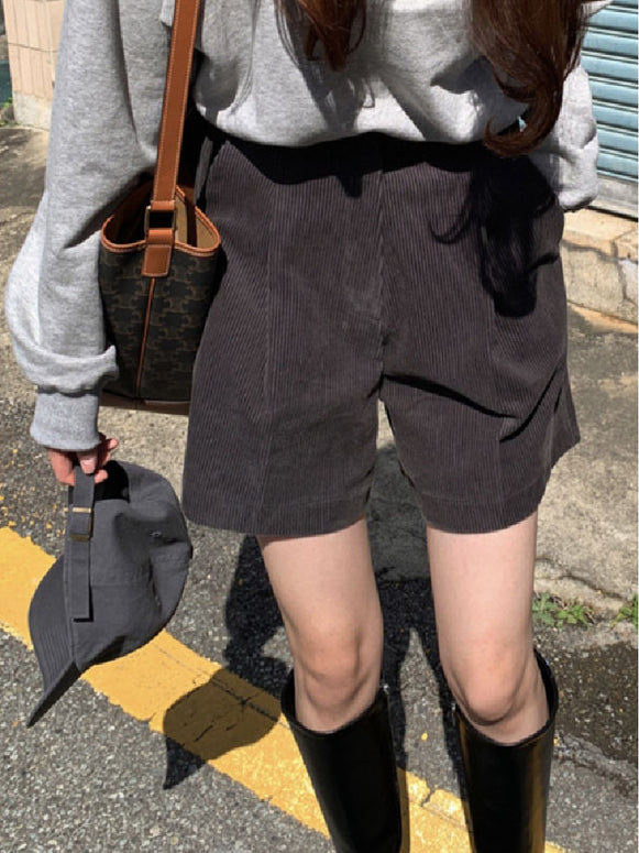ハイウエスト コーデュロイ ショートパンツ レディース ゆったり 体型カバー 重ね着風 秋冬カジュアル ボトムス おしゃれ 可愛い ID2263