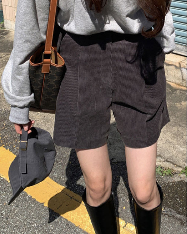 ハイウエスト コーデュロイ ショートパンツ レディース ゆったり 体型カバー 重ね着風 秋冬カジュアル ボトムス おしゃれ 可愛い ID2263