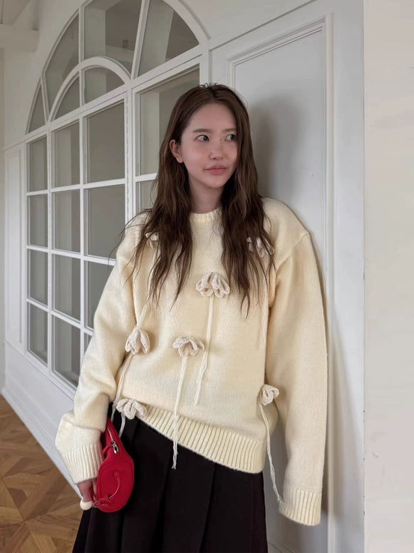 「今だけ特価」フラワーモチーフ ニット セーター レディース ふんわり 柔らかい 可愛い デザインニット 秋冬 トップス ID2189