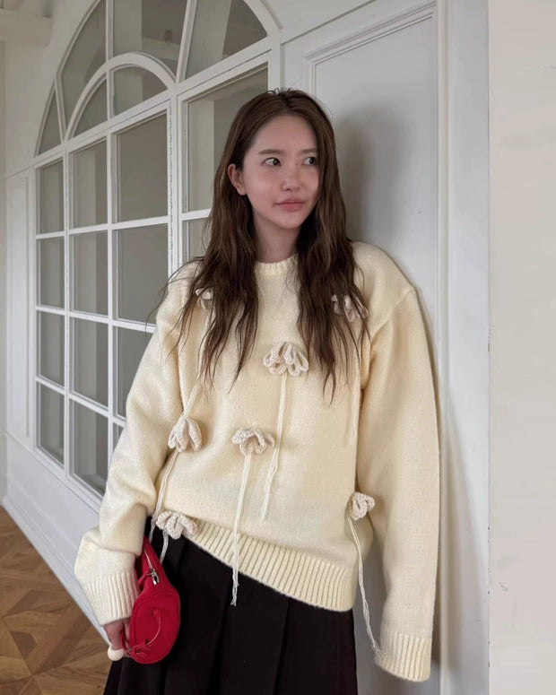 「今だけ特価」フラワーモチーフ ニット セーター レディース ふんわり 柔らかい 可愛い デザインニット 秋冬 トップス ID2189