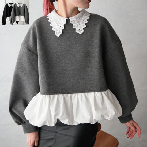レース襟 ペプラム トップス レディース 長袖 スウェット風 デザインブラウス 体型カバー フェミニン 可愛い ラウンドネック ゆったり シルエット 秋冬 新作 ID2014