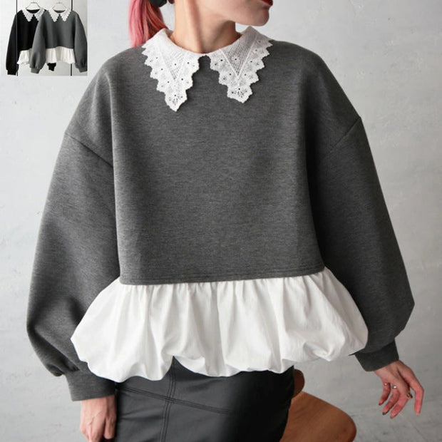 レース襟 ペプラム トップス レディース 長袖 スウェット風 デザインブラウス 体型カバー フェミニン 可愛い ラウンドネック ゆったり シルエット 秋冬 新作 ID2014