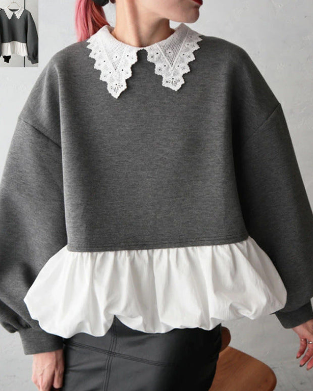 レース襟 ペプラム トップス レディース 長袖 スウェット風 デザインブラウス 体型カバー フェミニン 可愛い ラウンドネック ゆったり シルエット 秋冬 新作 ID2014