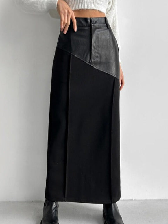 切り替え PUレザースカート デザイン レディース ハイウエスト スリム ミディアム丈 ストレート タイト 韓国 INS風 合わせやすい スカート ID1472