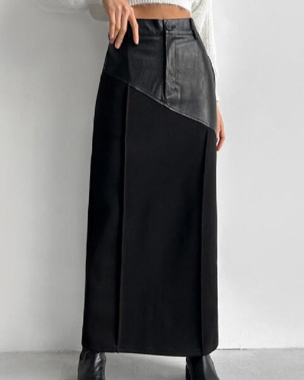 切り替え PUレザースカート デザイン レディース ハイウエスト スリム ミディアム丈 ストレート タイト 韓国 INS風 合わせやすい スカート ID1472