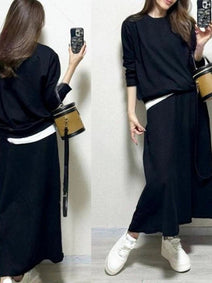 【2点セット】2WAY見えのパーカー + スカート セット 大人 カジュアル 秋 ゆったり ファッション 合わせやすい スウェット フレアスカート ID1737